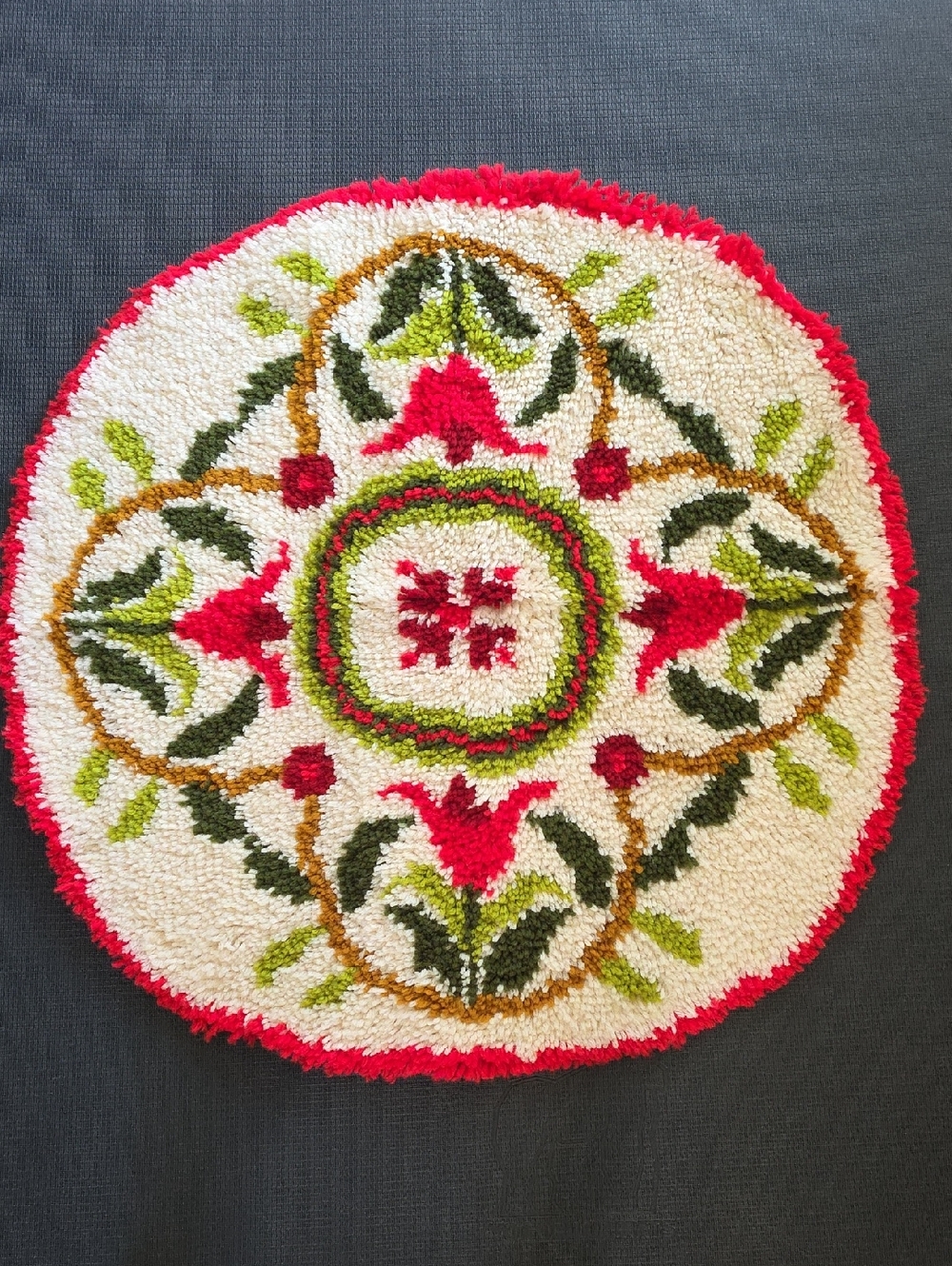 Vintage Handmade Latched Red Green White Scandinavian Vibes Round Rug 34" Round